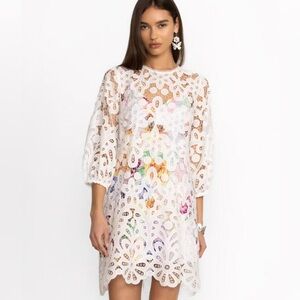 Johnny Was White Floral Lace Overlay Dress